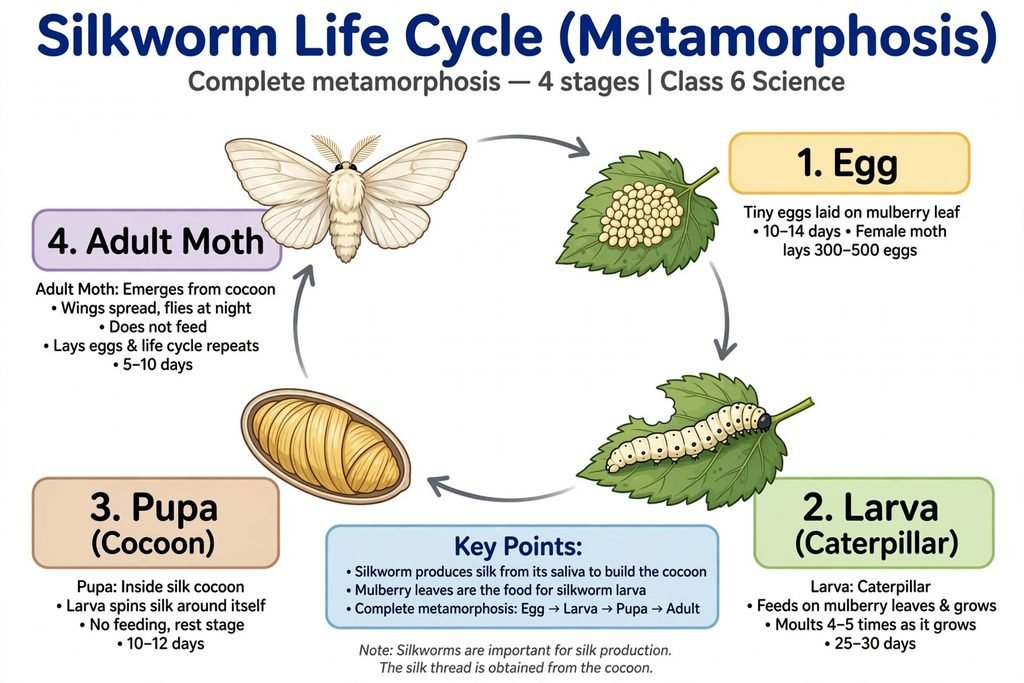 Diagram showing the four stages of the silkworm life cycle: egg, larva (caterpillar), pupa (cocoon), and adult moth, with arrows showing complete metamorphosis.