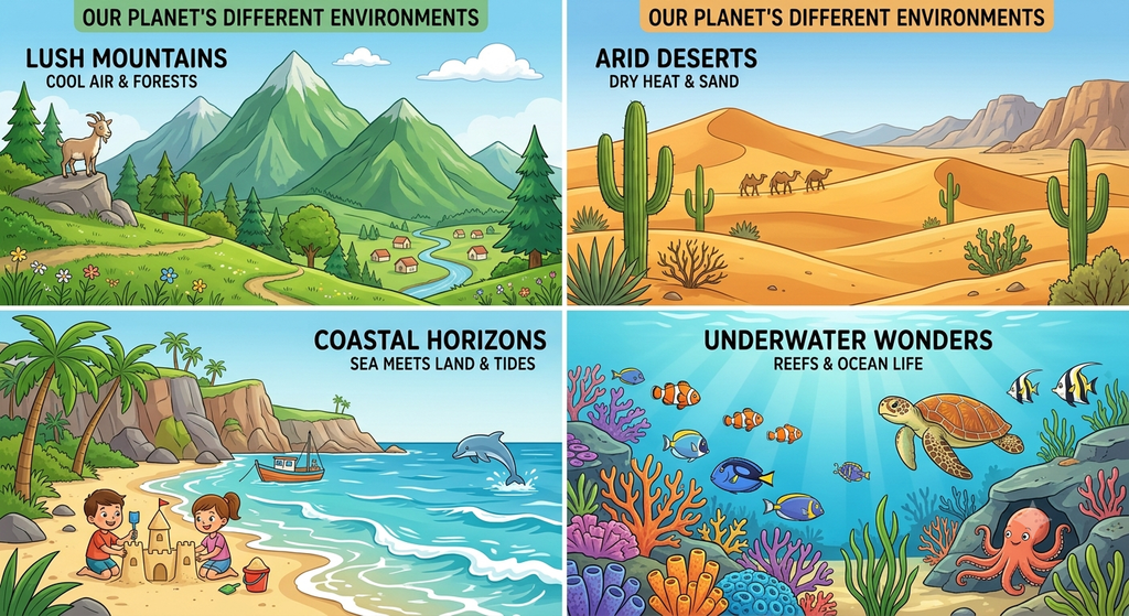 Illustration showing mountain, desert, coastal, and underwater environments with different plants and animals.