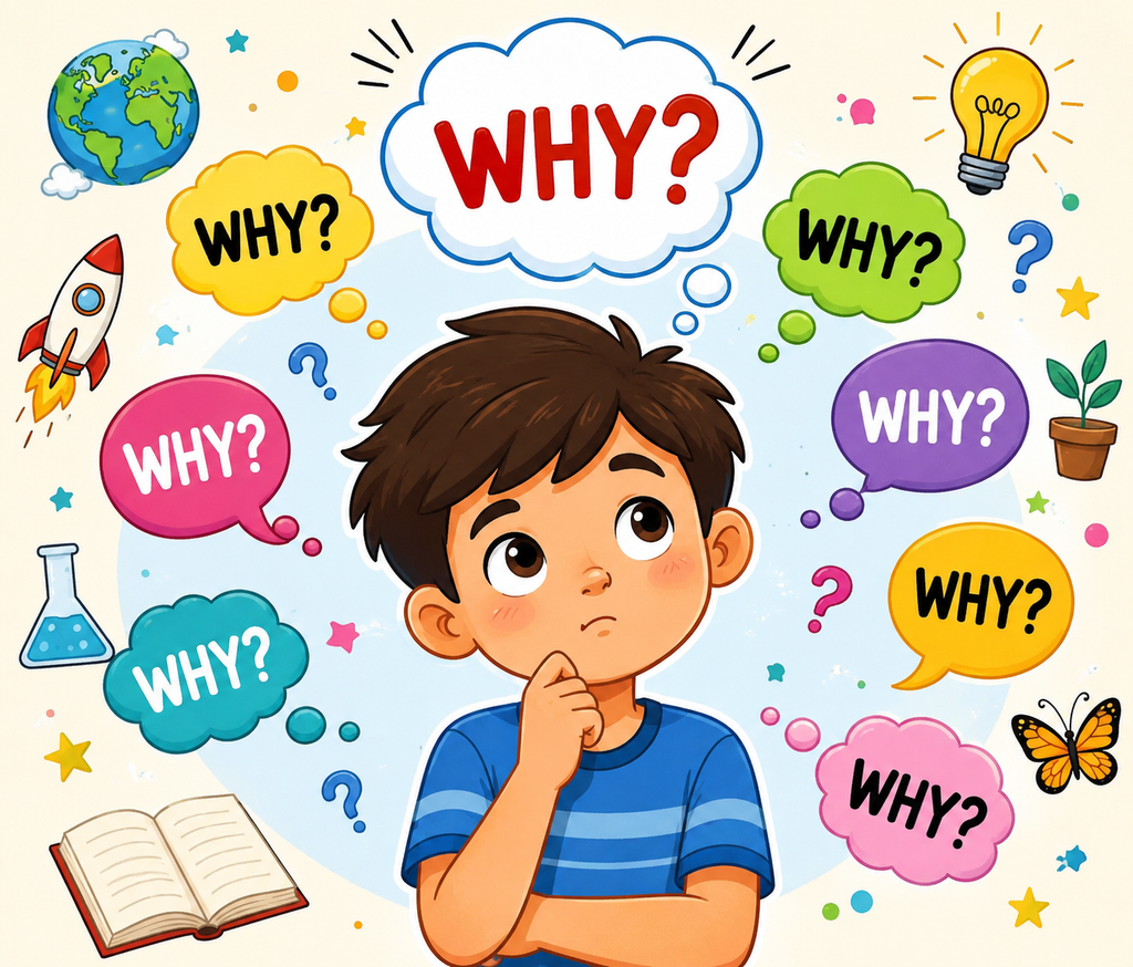 Illustration of a curious student asking why, representing curiosity and scientific thinking in Class 6 Science.