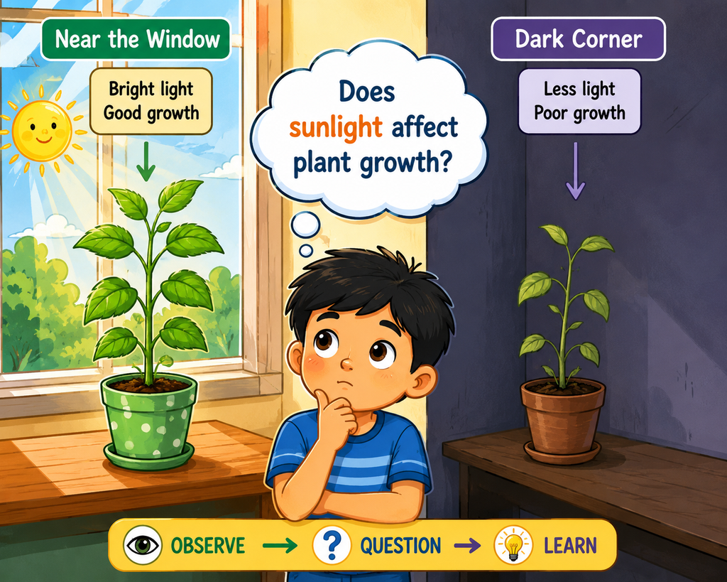 Child comparing plant growth in sunlight and darkness through observation and questioning.