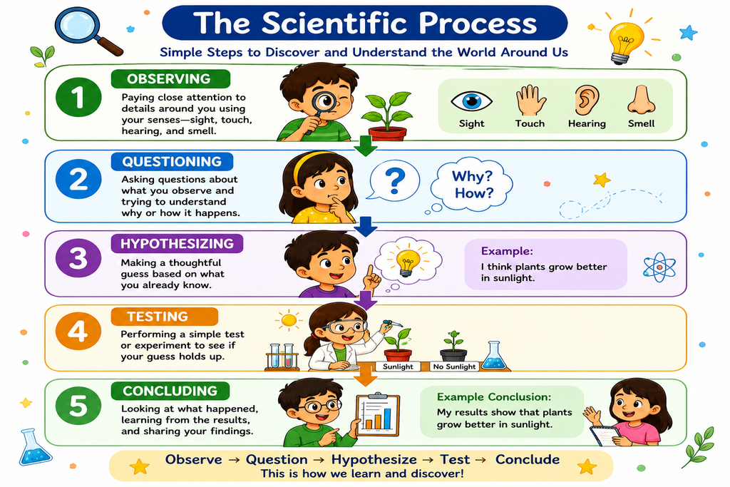 
Illustration showing the scientific process: observing, questioning, hypothesizing, testing, and concluding.
