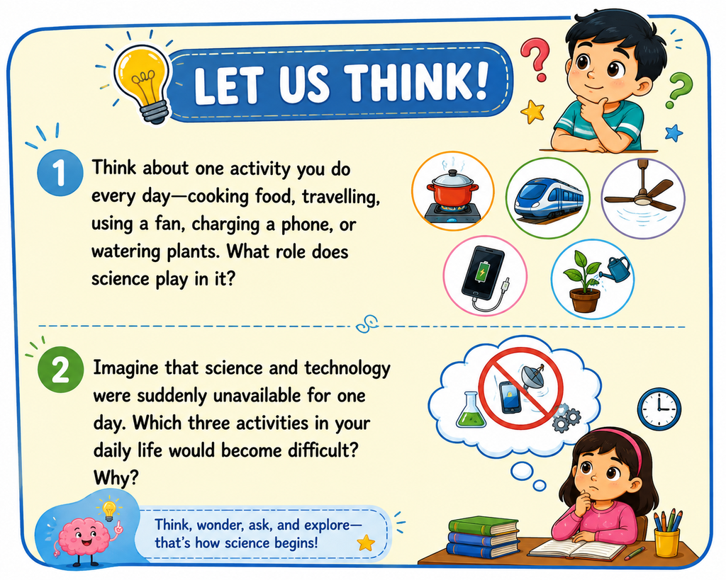Illustration encouraging students to think about how science and technology are involved in everyday activities such as cooking, travelling, using a fan, charging a phone, and watering plants.