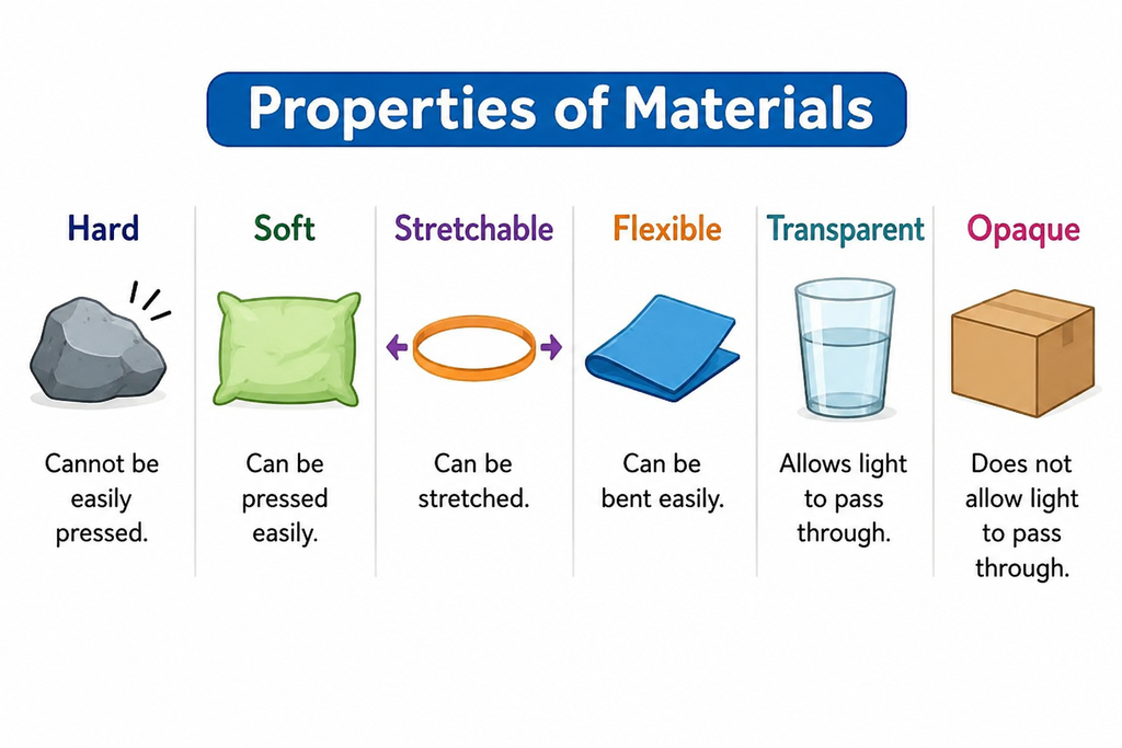 Illustration showing properties of materials including hard, soft, stretchable, flexible, transparent and opaque.