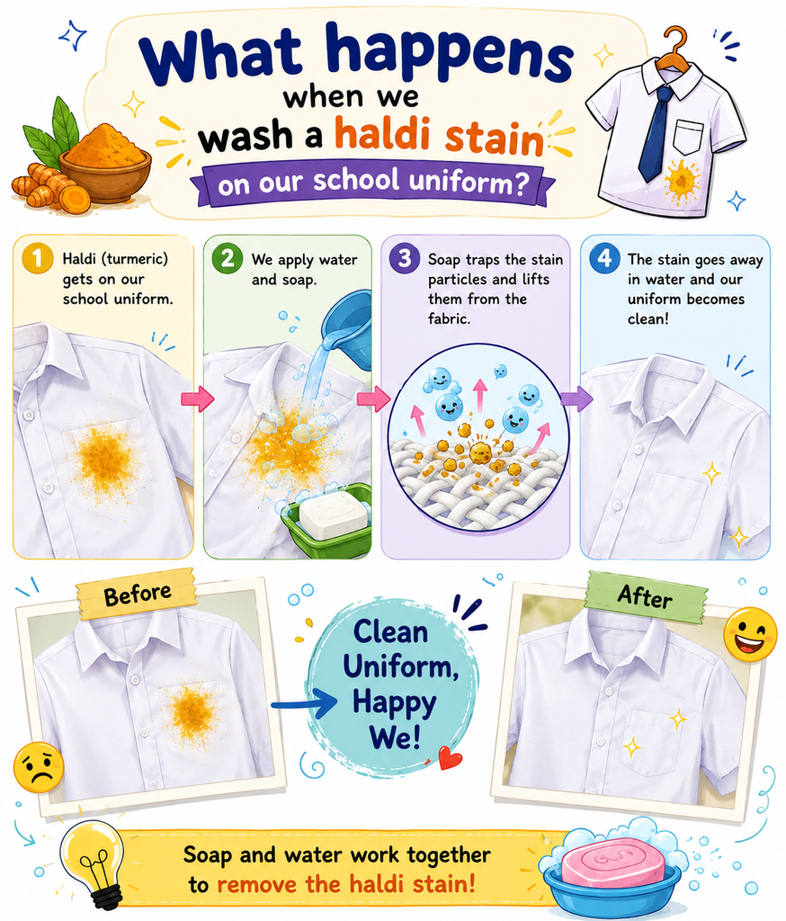 Illustration showing the steps of washing a turmeric stain from a school uniform using water and soap.