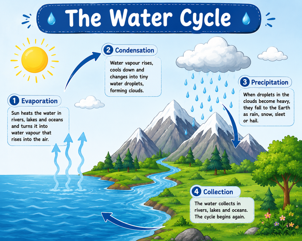 Water cycle diagram showing evaporation, condensation, precipitation and collection of water.