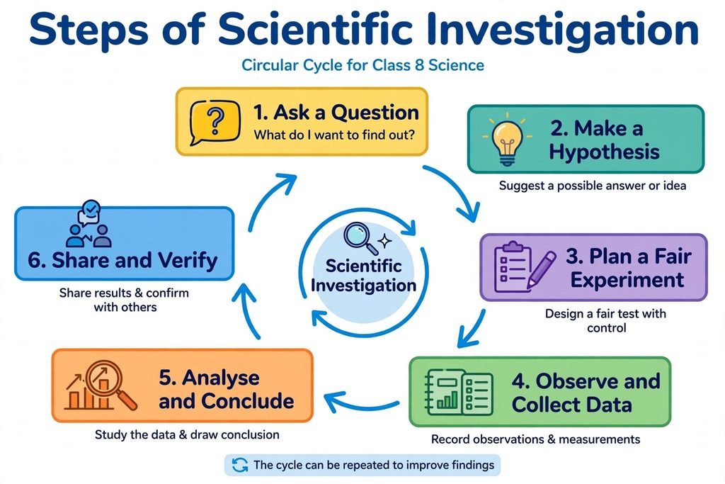 Diagram showing the six steps of a scientific investigation: asking a question, making a hypothesis, planning an experiment, collecting data, analysing results, and sharing findings.