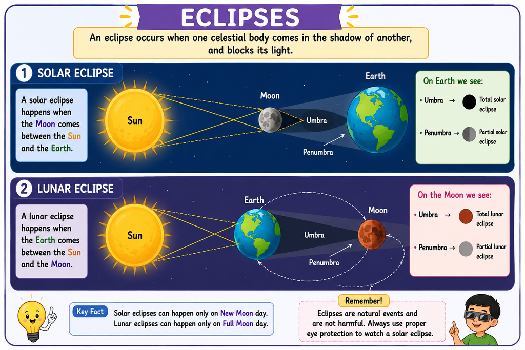 Diagram showing solar and lunar eclipses with the positions of the Sun, Earth and Moon, including umbra and penumbra.