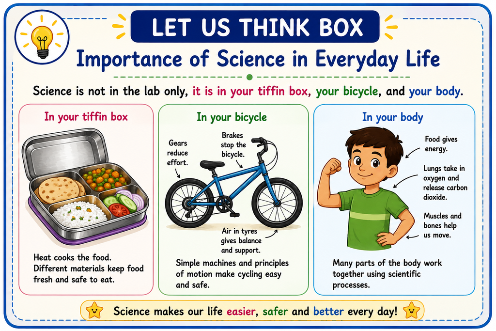 Illustration showing the importance of science in everyday life through examples of a tiffin box, bicycle, and the human body.