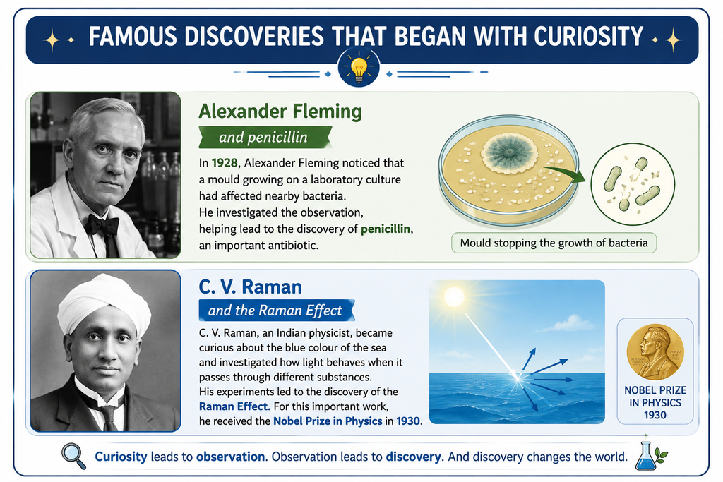 “Educational illustration showing Alexander Fleming’s discovery of penicillin and C. V. Raman’s discovery of the Raman Effect through scientific curiosity and observation.”