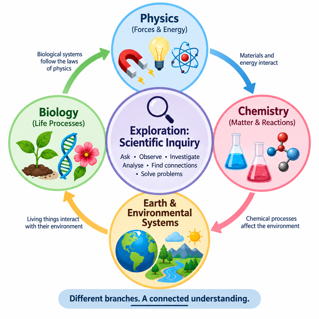 Educational illustration showing scientific inquiry connecting physics, chemistry, biology, and Earth and environmental systems in Class 9 Science.