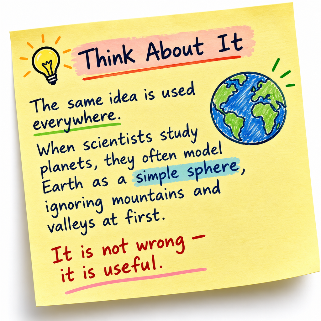 Illustration explaining that scientific models simplify reality, using Earth as a sphere to represent a planet while ignoring smaller details.