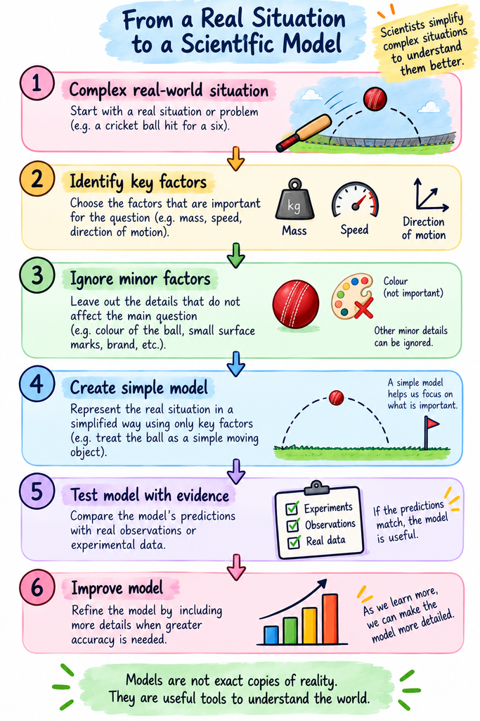 Infographic showing how a complex real-world situation is simplified into a scientific model by identifying key factors and ignoring minor details.