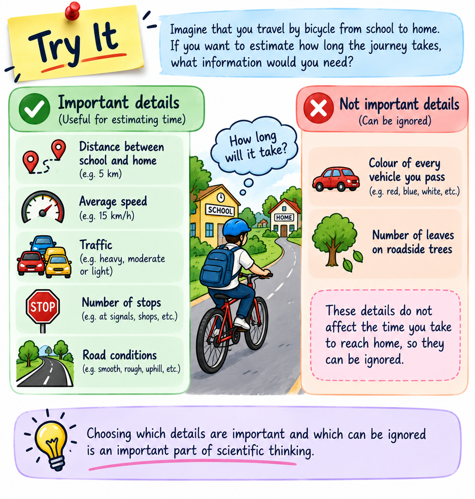 Illustration showing important and unimportant information for estimating bicycle travel time from school to home, including distance, speed, traffic, vehicle colours, and roadside trees.