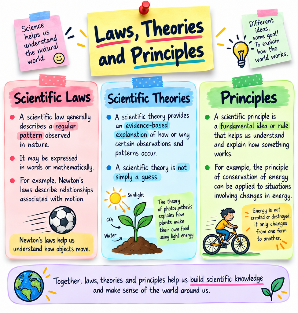 Infographic comparing scientific laws, theories, and principles, with examples of Newton’s laws, photosynthesis theory, and the principle of conservation of energy.