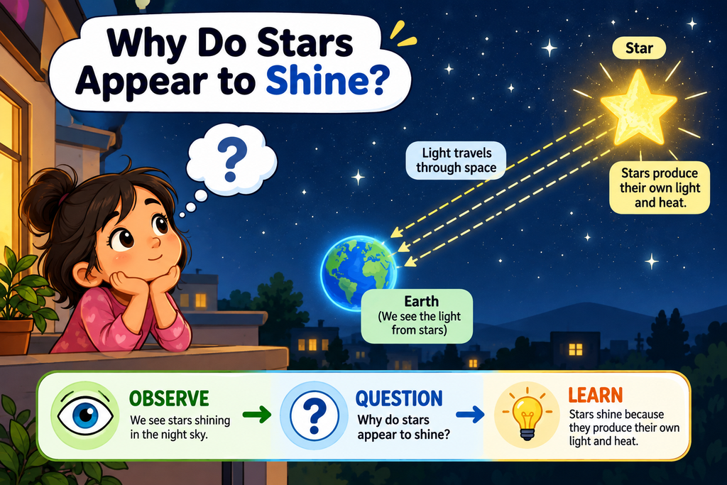 Illustration showing how stars produce their own light, which travels through space to Earth and makes stars appear to shine.