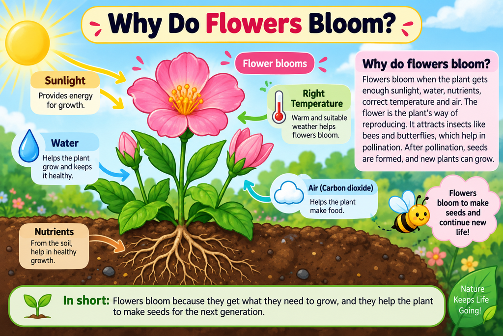 Illustration showing a flowering plant receiving sunlight, water, nutrients, air, and suitable temperature to grow, bloom, and produce seeds.