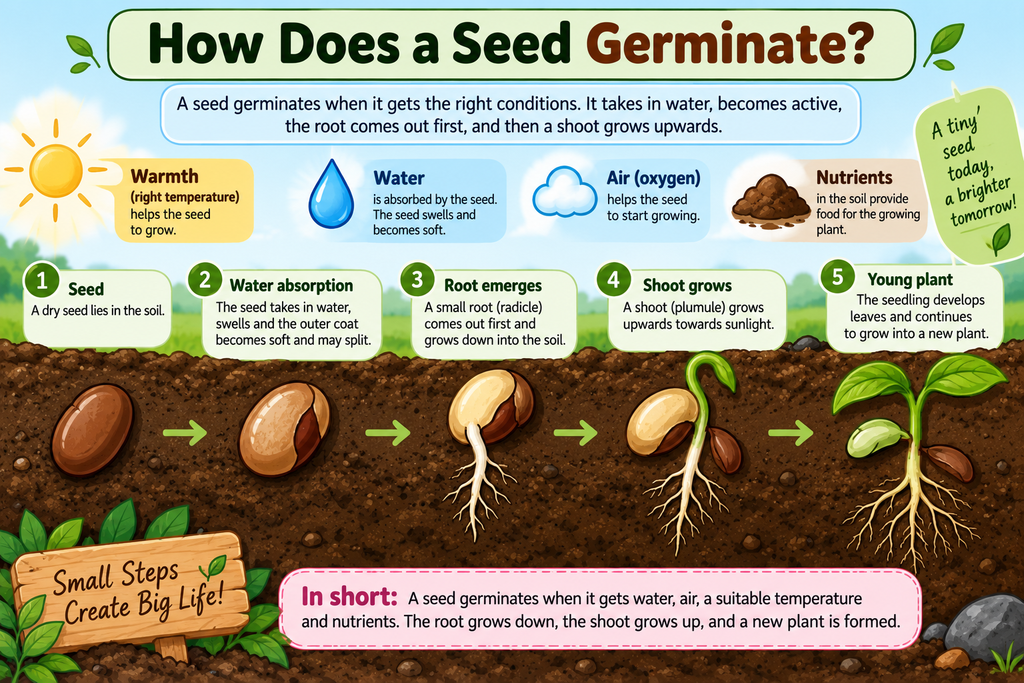 Illustration showing the stages of seed germination, from a dry seed absorbing water to root and shoot growth and the formation of a young plant.