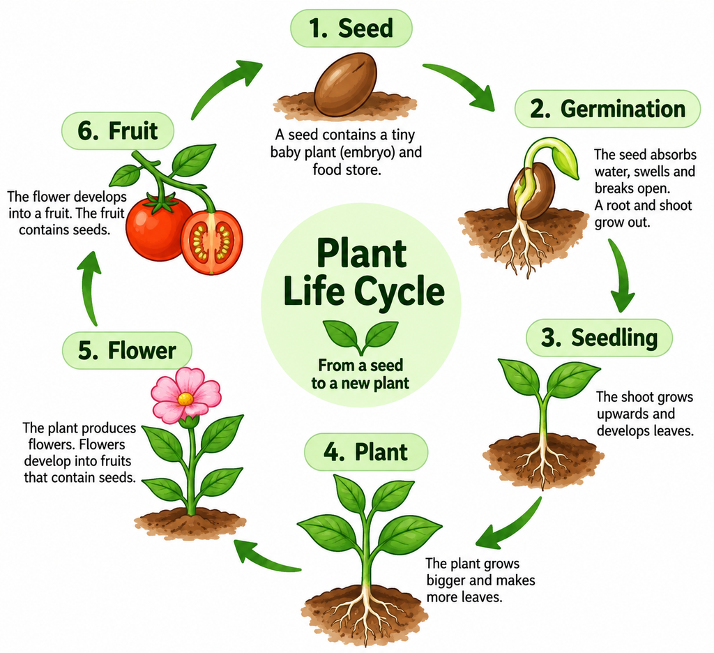 Diagram showing the six stages of the plant life cycle: seed, germination, seedling, plant, flower, and fruit, with arrows showing the cycle from seed to a new plant.