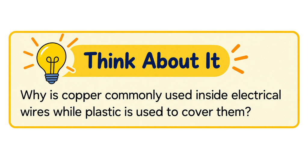 Think About It question about why copper is used inside electrical wires and plastic is used as a covering.