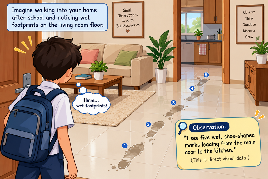 Illustration of a student observing wet shoe-shaped footprints leading from the main door to the kitchen.