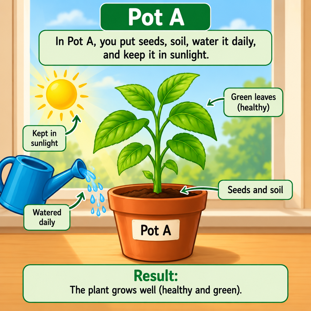 Pot A showing seeds planted in soil, watered daily and kept in sunlight, resulting in a healthy green plant.