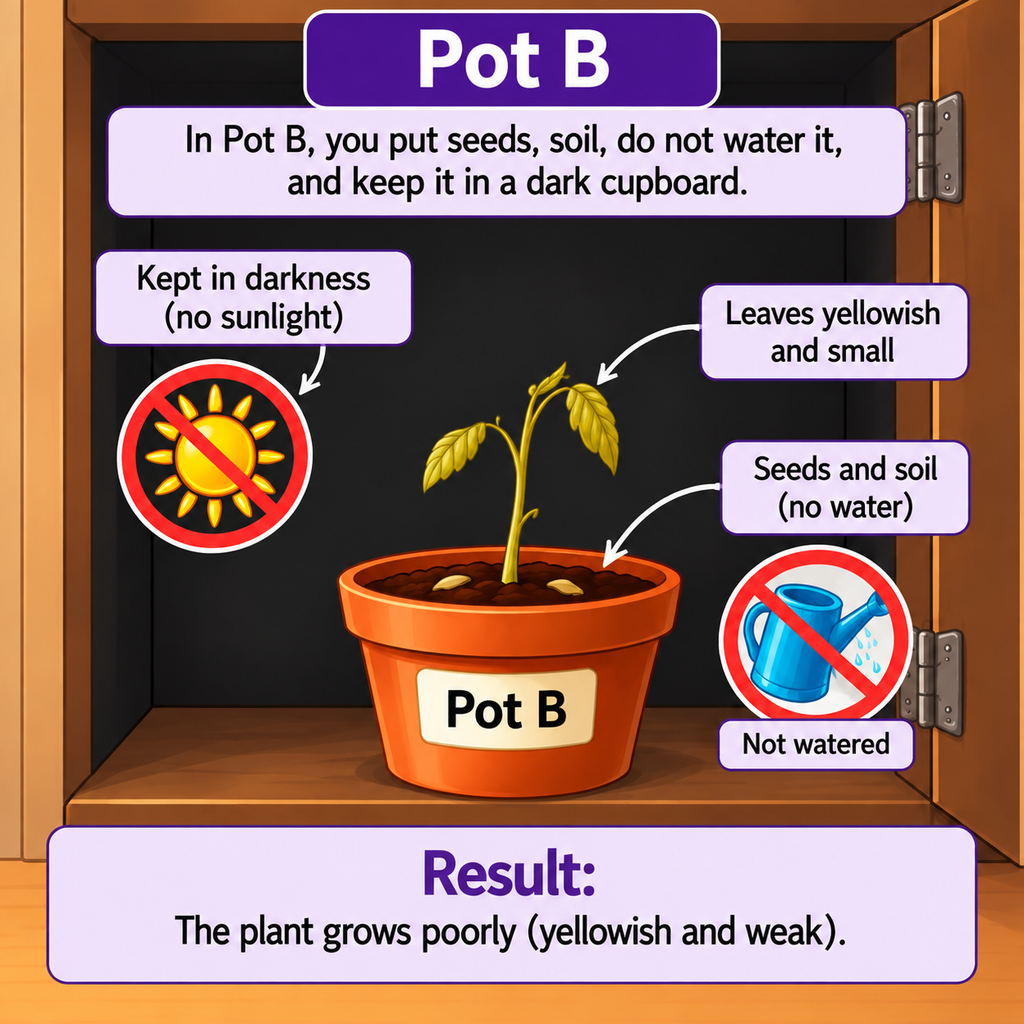 “Pot B kept in a dark cupboard without sunlight or water, showing a weak plant with small yellowish leaves.”