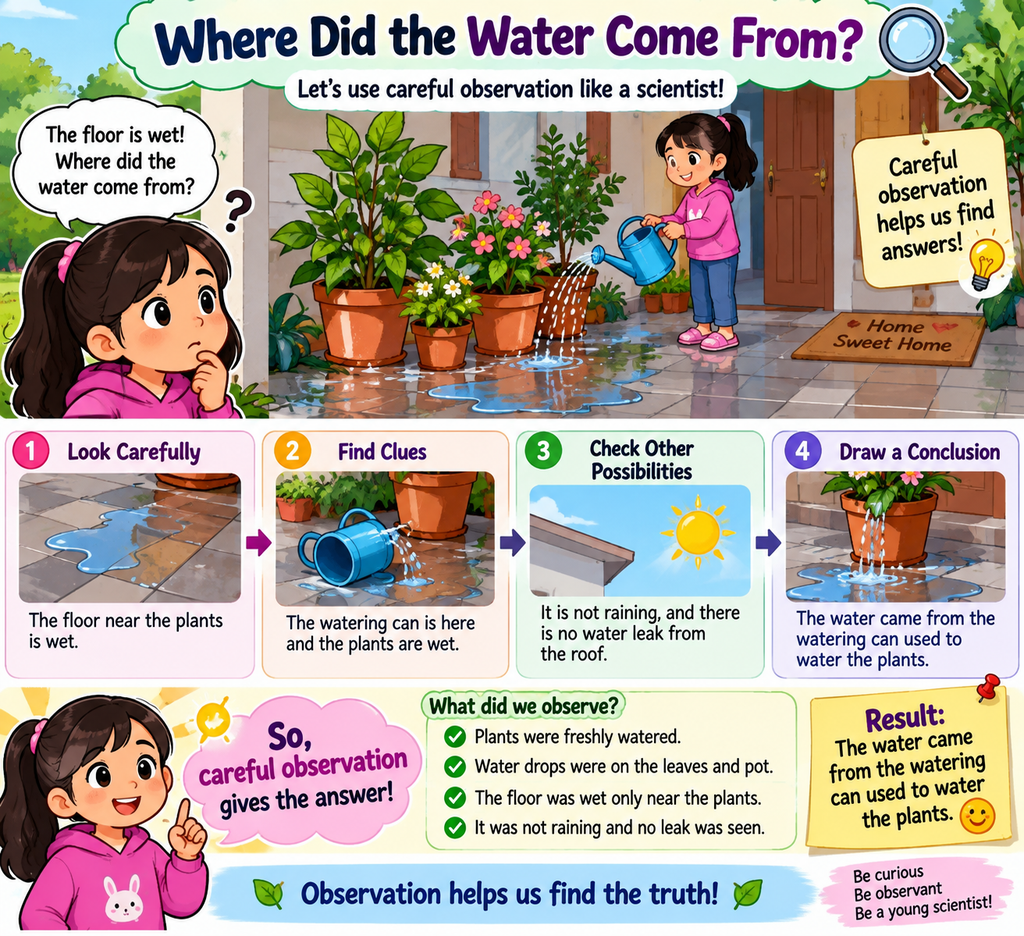 “Illustration showing a student using careful observation to find that water on the floor came from a watering can used to water nearby plants.”