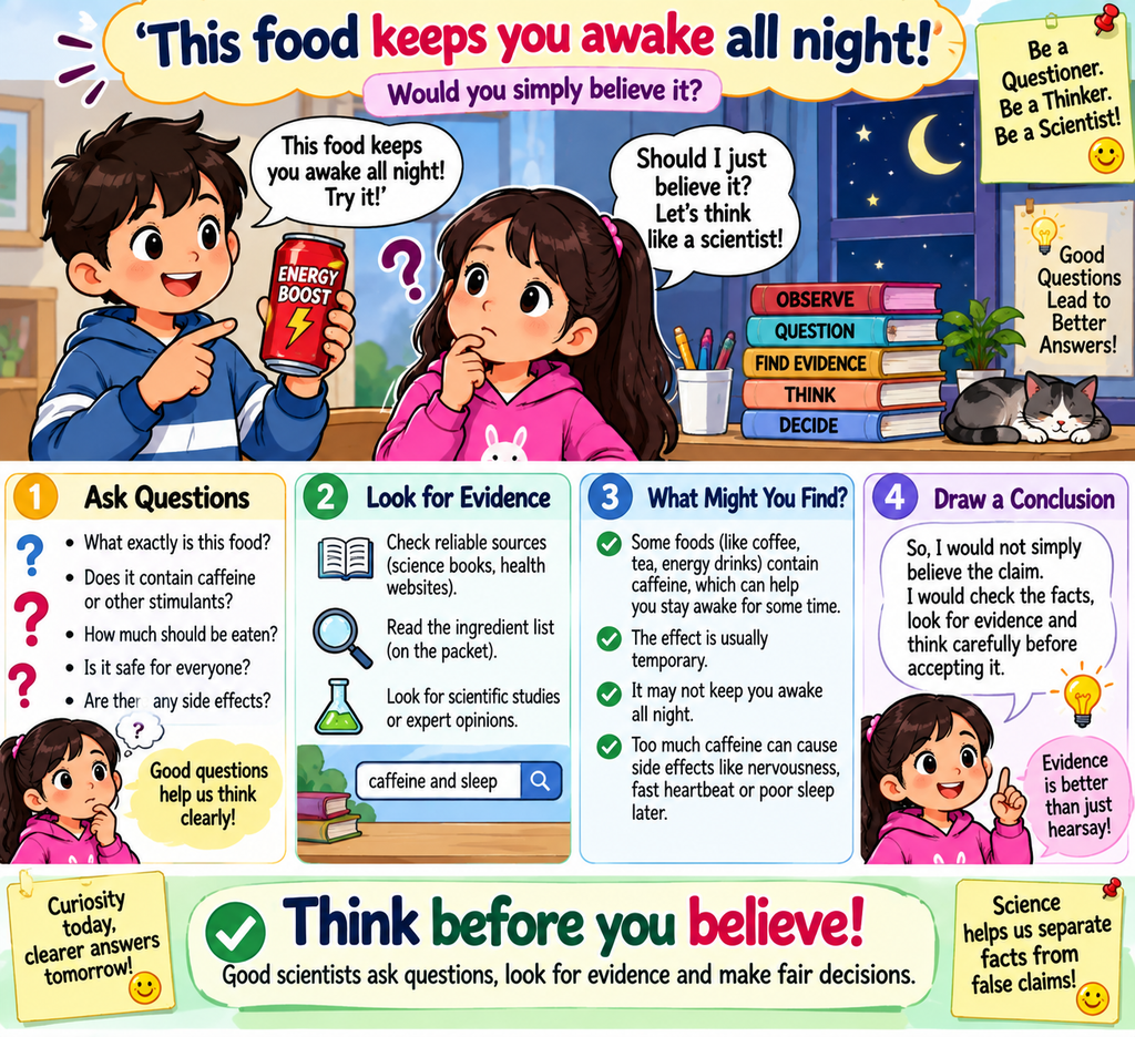 “Students questioning a claim that a food can keep someone awake all night and looking for scientific evidence before accepting it.”