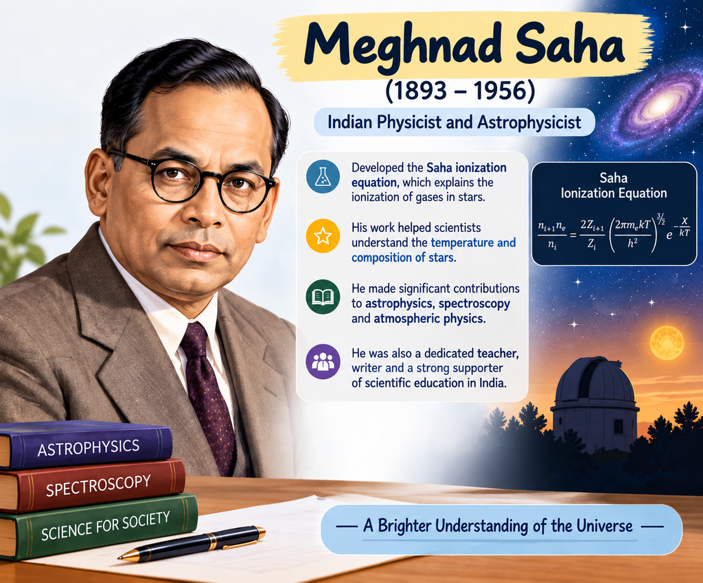 Educational infographic about Indian physicist Meghnad Saha, highlighting the Saha ionization equation and his contributions to astrophysics, spectroscopy, and scientific education.
