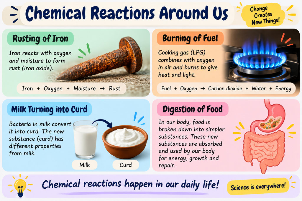 Chemical reactions around us showing rusting of iron, burning of fuel, milk turning into curd, and digestion of food.