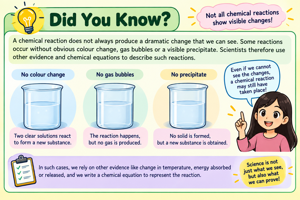 Chemical reactions may occur without visible colour change, gas bubbles, or precipitate, so scientists use other evidence and chemical equations to identify them.