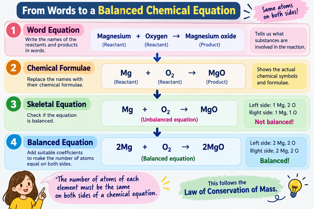 Step-by-step diagram showing word equation, chemical formulae, skeletal equation, and balanced chemical equation using magnesium and oxygen.