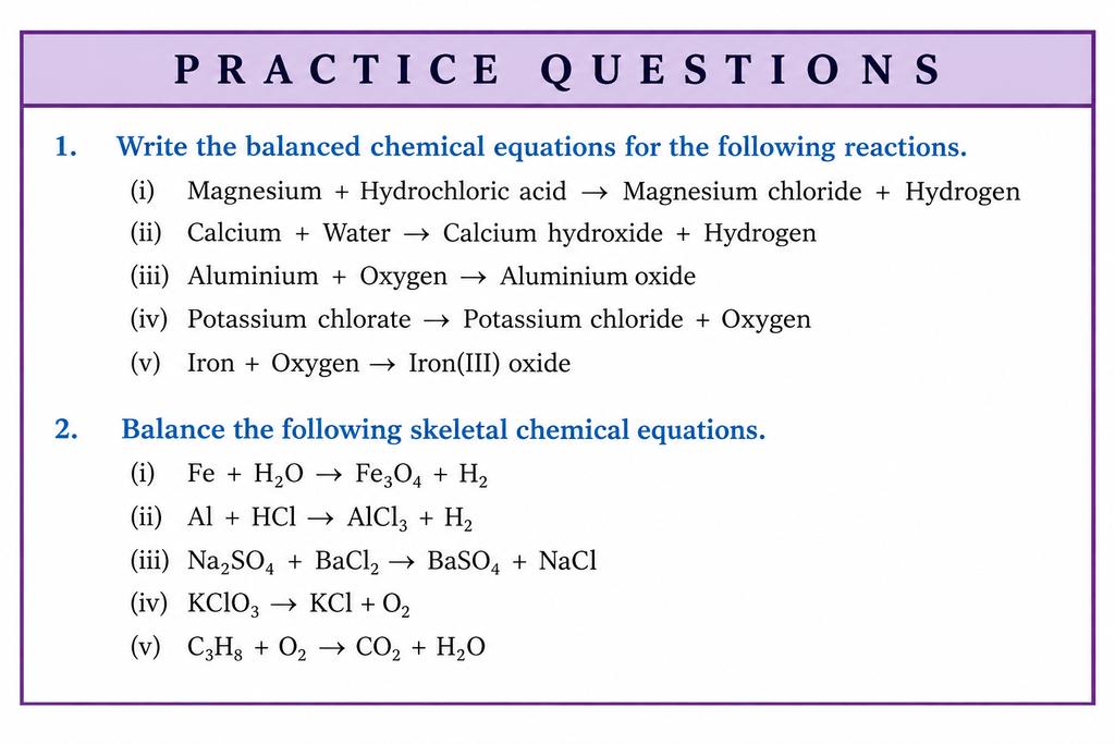 Practice questions on balancing chemical equations for Class 10 Science, including word equations and skeletal chemical equations.