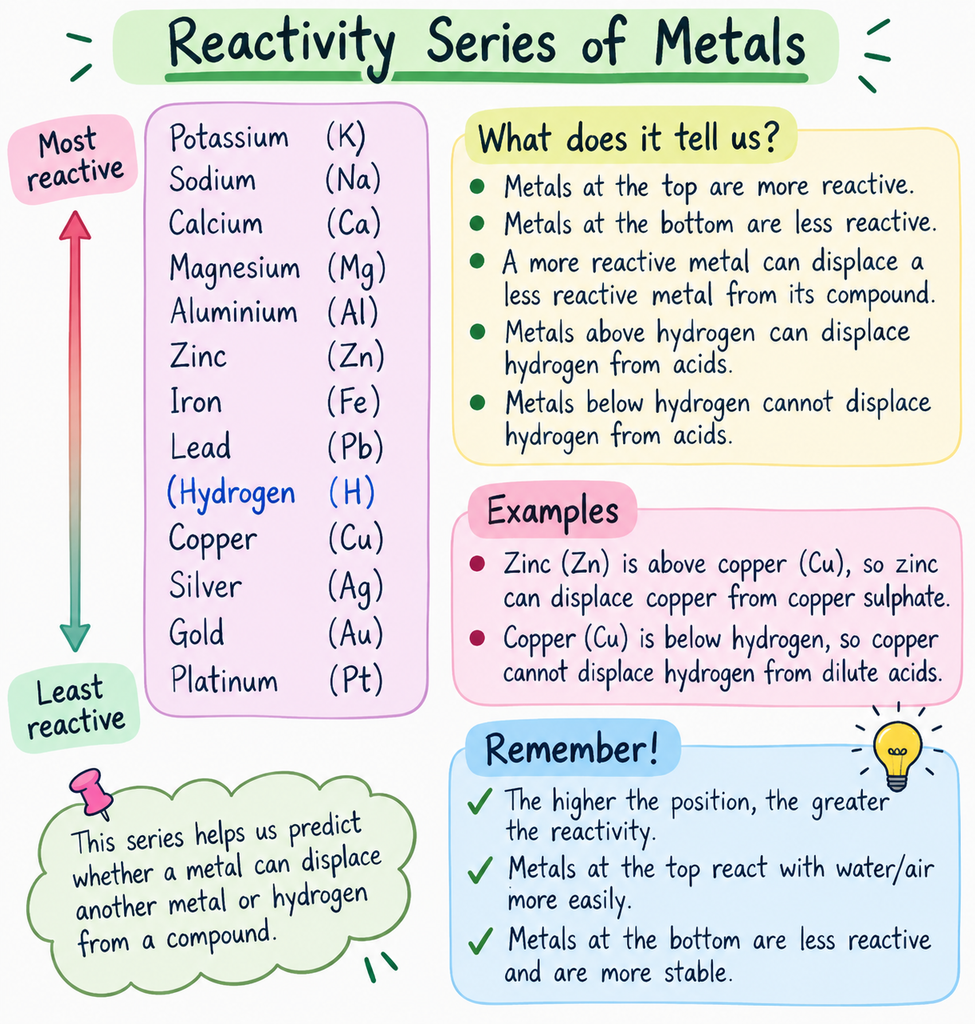 Chemical Reactions and Equations Class 10 reactivity series showing metals from most reactive to least reactive