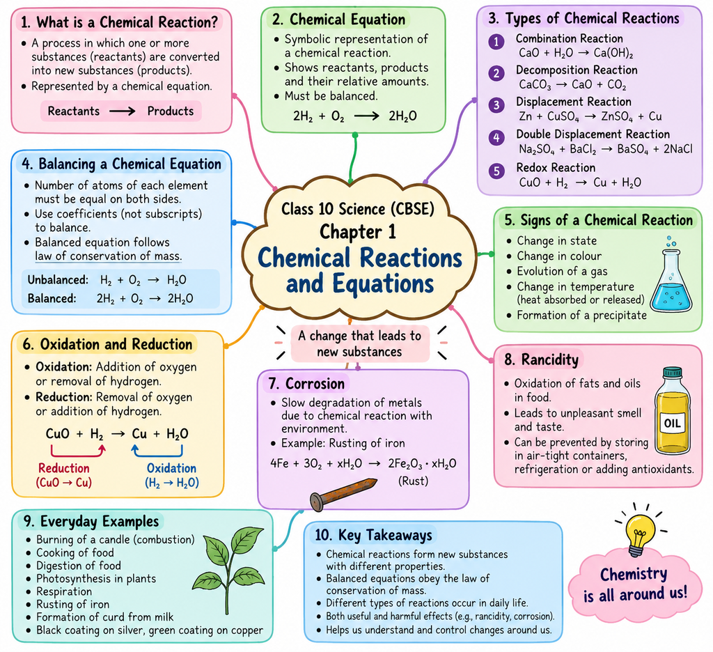 Mind map of Class 10 Science Chapter 1 Chemical Reactions and Equations, covering chemical equations, balancing, types of reactions, signs of reactions, oxidation and reduction, corrosion, and rancidity.