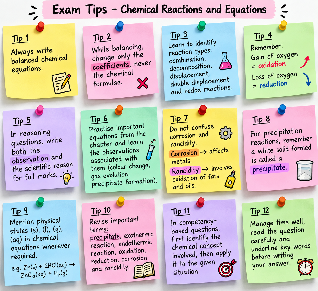 Colourful sticky notes showing important exam tips for Class 10 Science Chapter 1 Chemical Reactions and Equations.