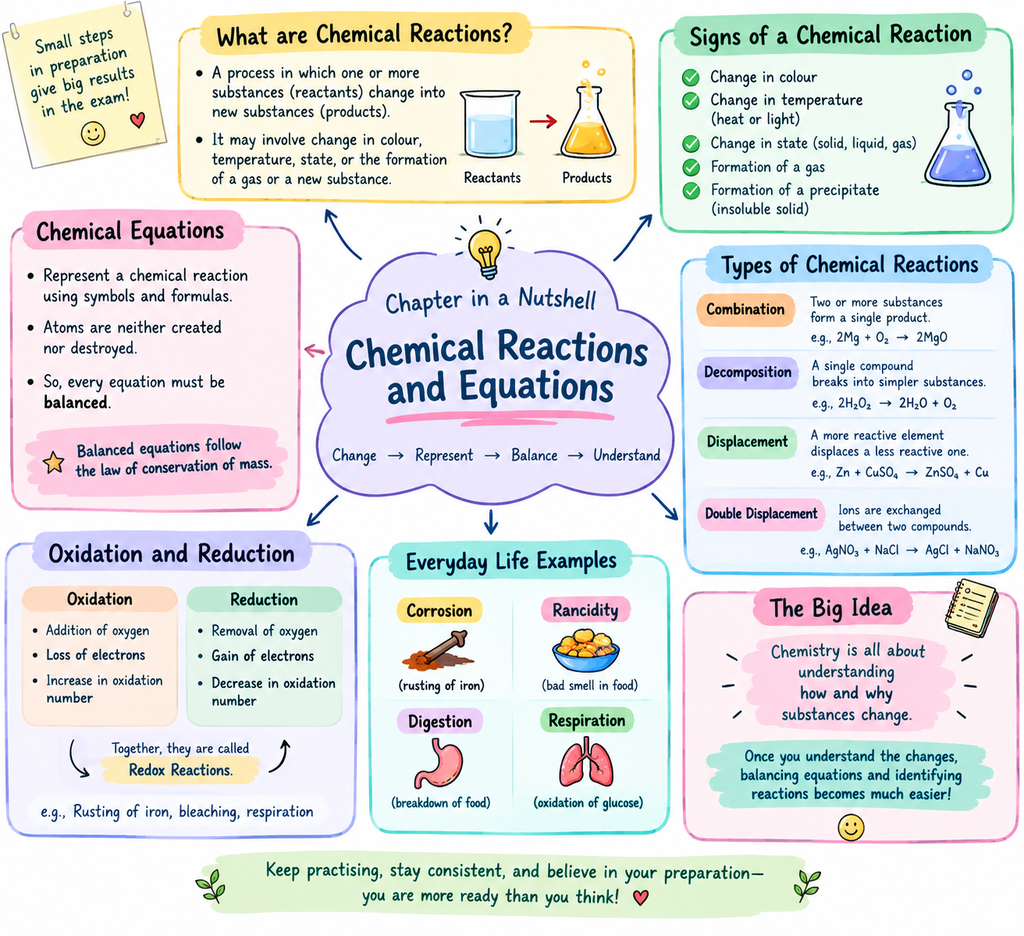 Class 10 Science Chapter 1 Chemical Reactions and Equations – chapter summary mind map showing chemical reactions, chemical equations, types of reactions, oxidation and reduction, and everyday examples