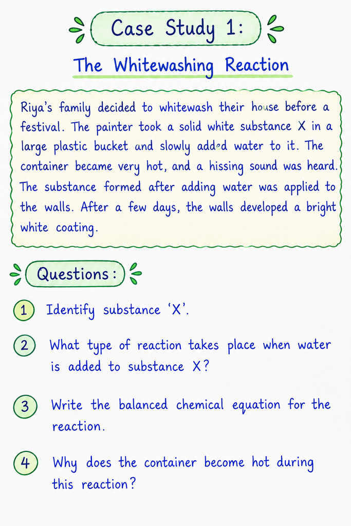 Handwritten Class 10 Science case study on the whitewashing reaction with four competency-based questions on calcium oxide, reaction type, balanced chemical equation, and heat released.