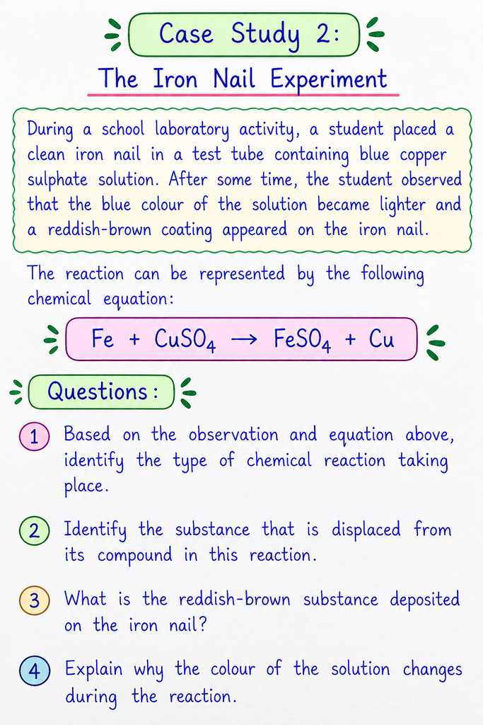 Handwritten Class 10 Science Case Study 2 on the iron nail and copper sulphate reaction, with chemical equation and four competency-based questions