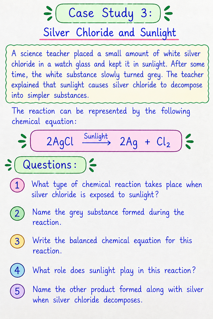 Handwritten Class 10 Science Case Study 3 on silver chloride decomposition in sunlight, with chemical equation and five competency-based questions.