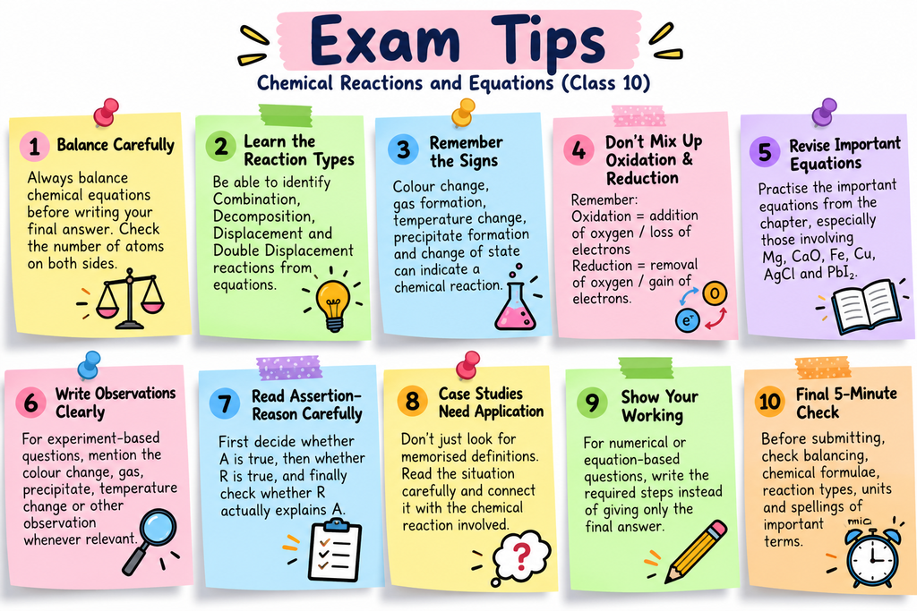 Class 10 Science Chemical Reactions and Equations exam tips presented in ten colourful sticky notes covering balancing equations, reaction types, signs of chemical reactions, oxidation and reduction, important equations, observations, assertion–reason questions, case studies, showing working, and final exam checking