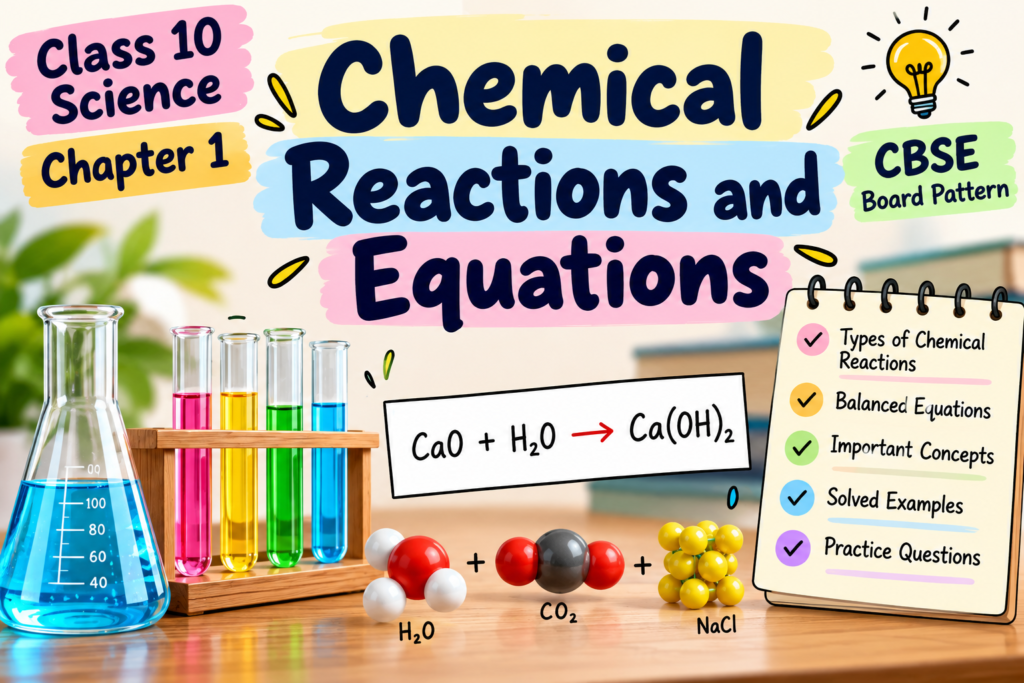 Important Board Exam Questions – Class 10 Science Chapter 1: Chemical Reactions and Equations, featuring chemical laboratory equipment, balanced chemical equations, types of chemical reactions, important concepts, solved examples, and practice questions.