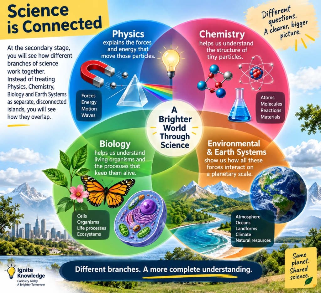 Educational illustration showing scientific inquiry connecting physics, chemistry, biology, and Earth and environmental systems in Class 9 Science.